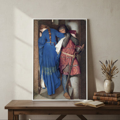 Pre-Raphaelite painting of Hellelil and Hildebrand embracing on stone stairs, tragic medieval romance by Frederic William Burton