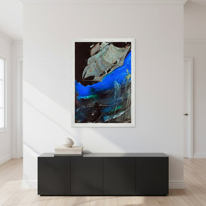 illustration in white gallery frame, displayed in bright contemporary hallway, black console table with stacked art books and ceramic sculpture, natural light, minimal decor.