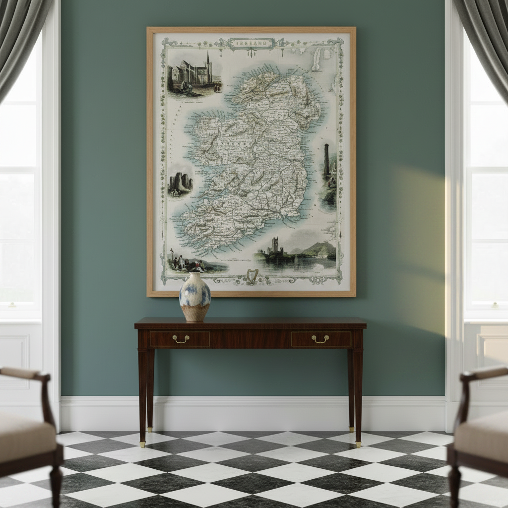 Old Map of Ireland vintage antique framed print displayed in an elegant Irish period-home interior