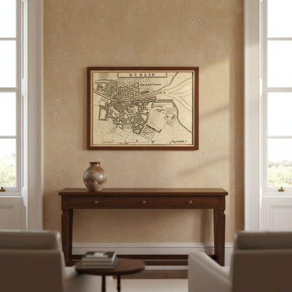 Map of Dublin City in 1714 by Herman Moll displayed in an elegant Irish period-home interior