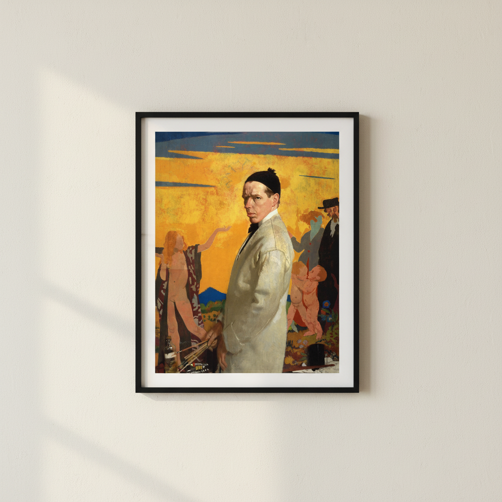 Self-Portrait with Sowing New Seed by William Orpen in a slim black frame on an off-white lime plaster wall, no mat or white border