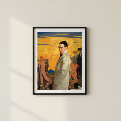 Self-Portrait with Sowing New Seed by William Orpen in a slim black frame on an off-white lime plaster wall, no mat or white border