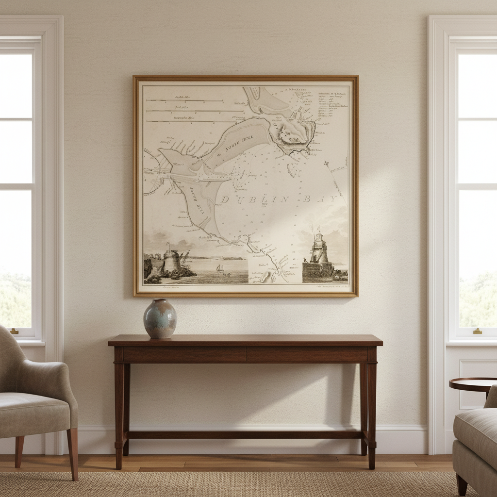 Nautical Map of Dublin Bay displayed in an elegant Irish period-home interior