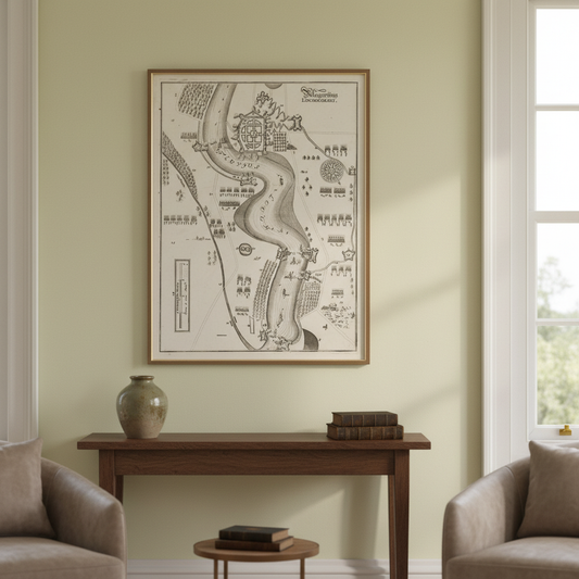 The Siege of Derry in 1689 historical map print displayed in an elegant Irish period-home interior