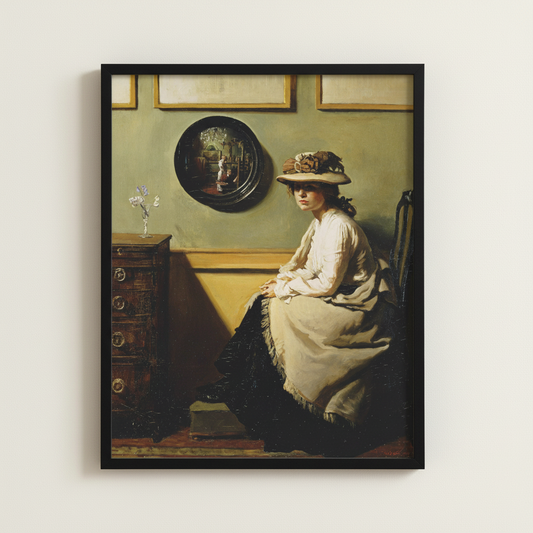 The Mirror by William Orpen in a large black frame on an off-white lime plaster wall, no mat or white border