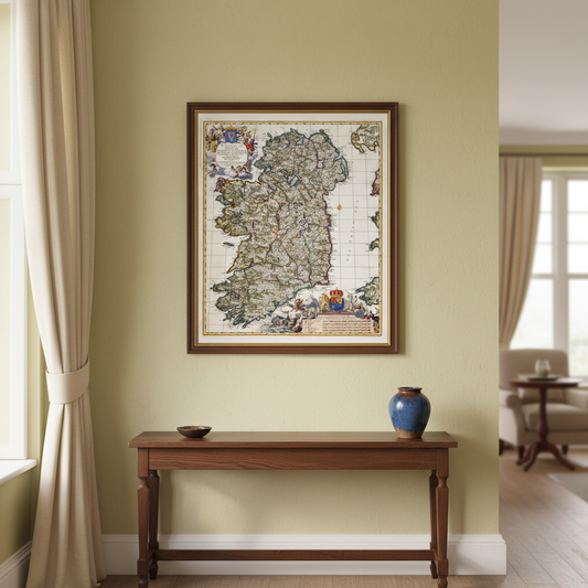 Visscher 1689 Map of Ireland displayed in an elegant Irish period-home interior