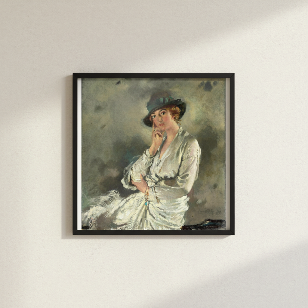 Mrs Charles S. Carstairs by William Orpen in a slim black frame on an off-white lime plaster wall, no mat or white border