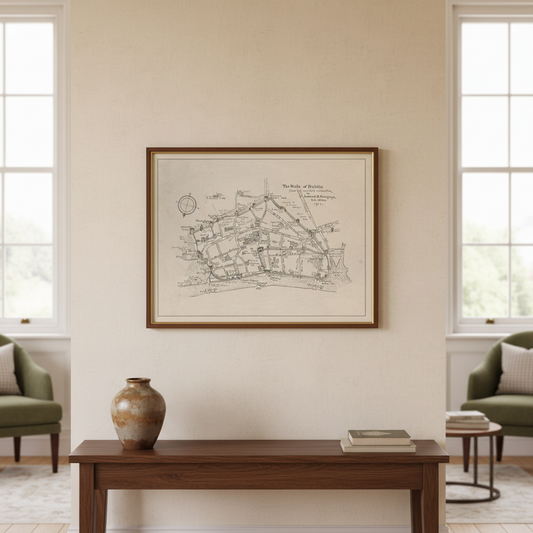 The Walls of Dublin antique city map print displayed in an elegant Irish period-home interior