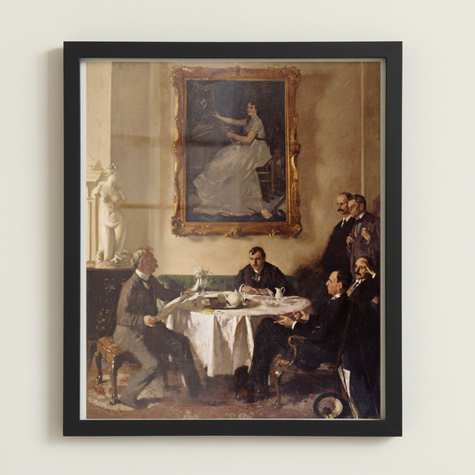 Homage to Manet by William Orpen in a large slim black frame on an off-white lime plaster wall, no mat or white border
