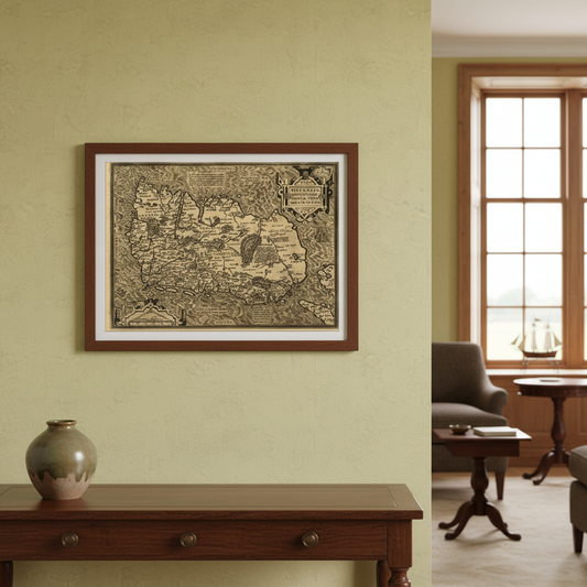 Hiberniae Ireland Map Print displayed in an elegant Irish period-home interior