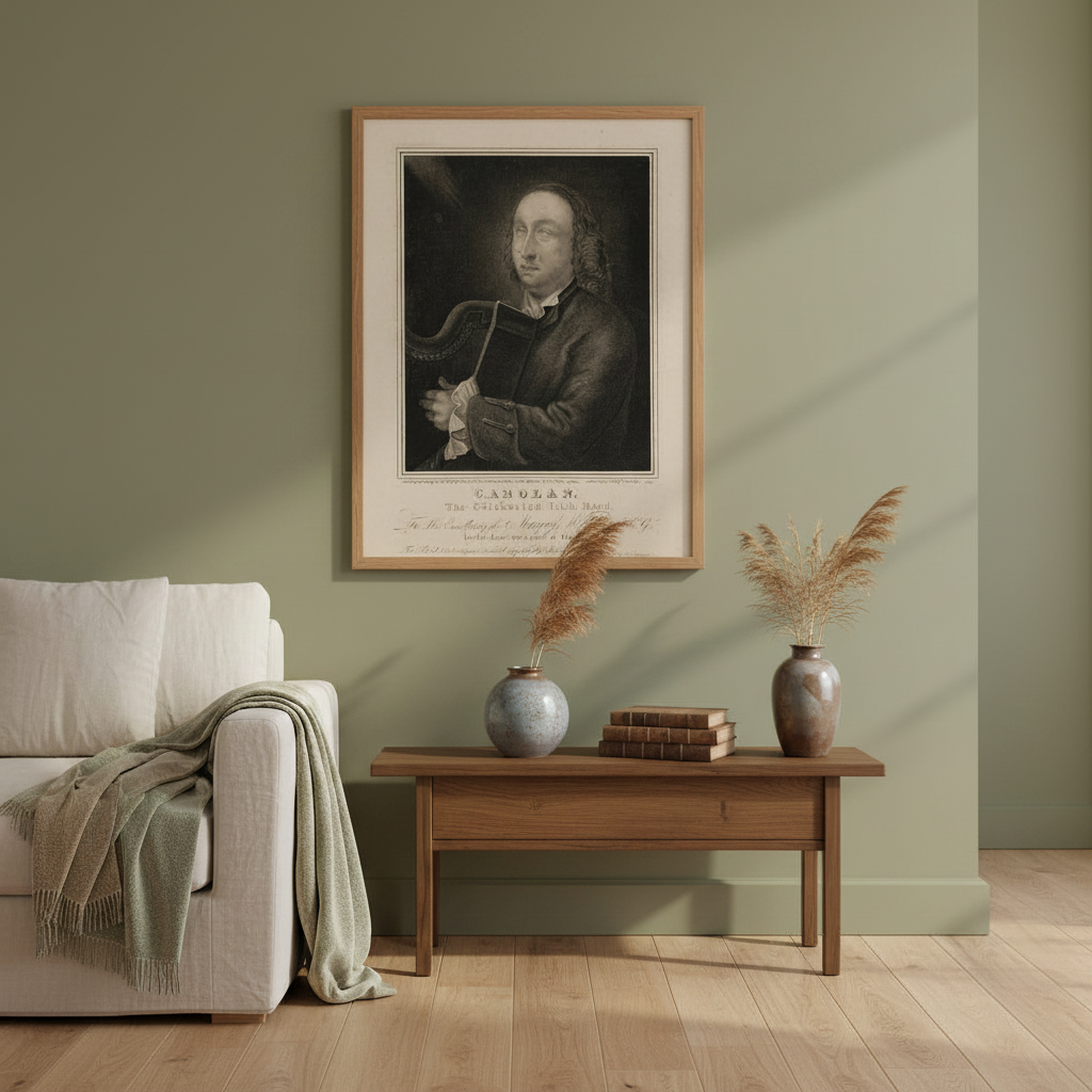 Turlough O’Carolan framed Irish bard art print displayed in an elegant Irish period-home living room