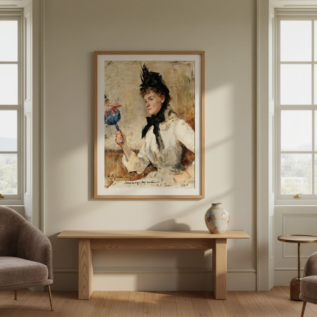 A Lady Holding a Rattle by Sarah Henrietta Purser displayed in an elegant Irish period-home living room in a natural oak frame