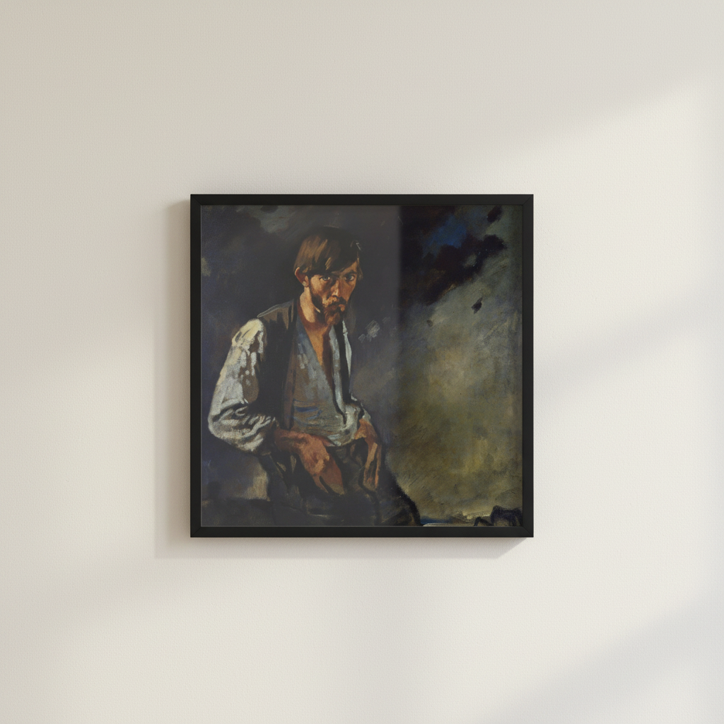Man from the West, Seán Keating by William Orpen in a slim black frame on an off-white lime plaster wall, no mat or white border