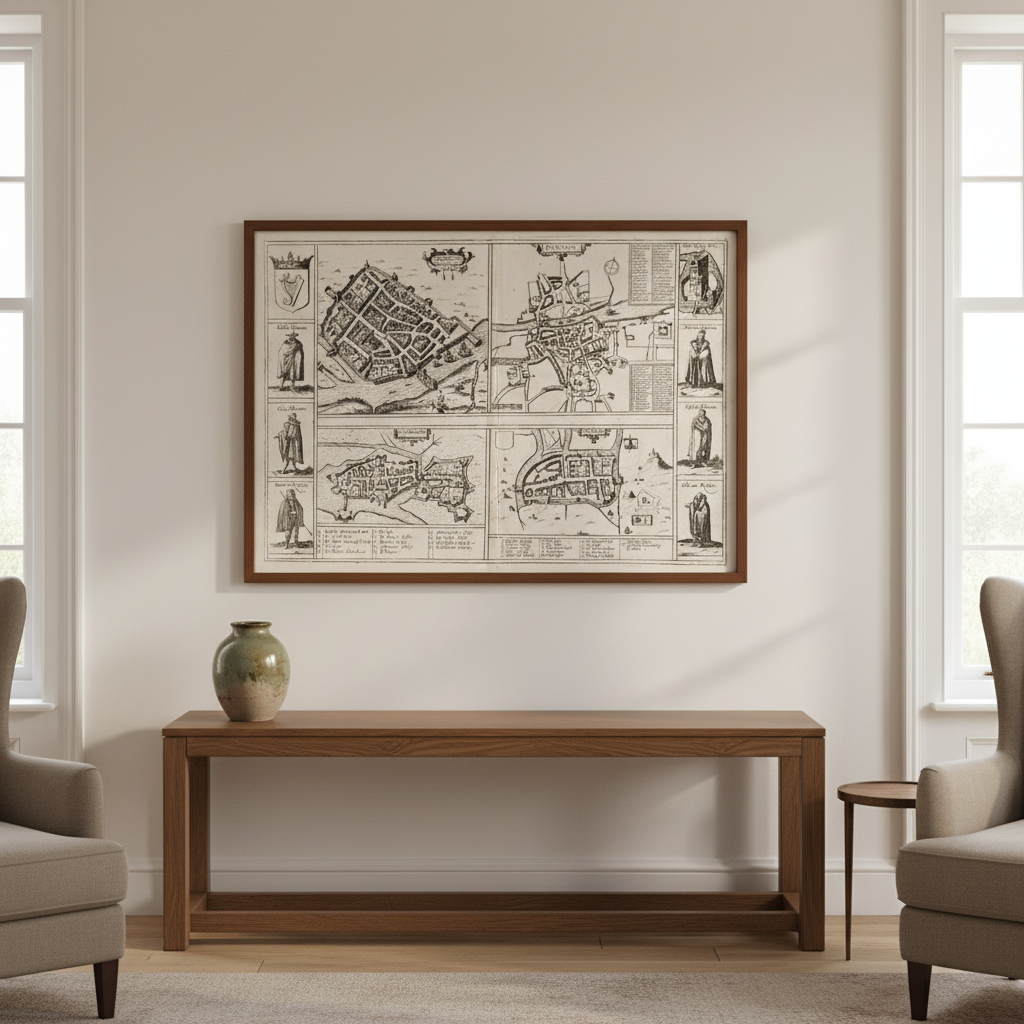 Town Plans of Dublin Cork Limerick and Galway 1618 displayed in an elegant Irish period-home interior