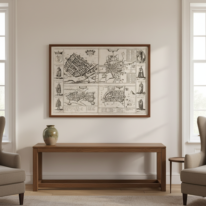 Town Plans of Dublin Cork Limerick and Galway 1618 displayed in an elegant Irish period-home interior