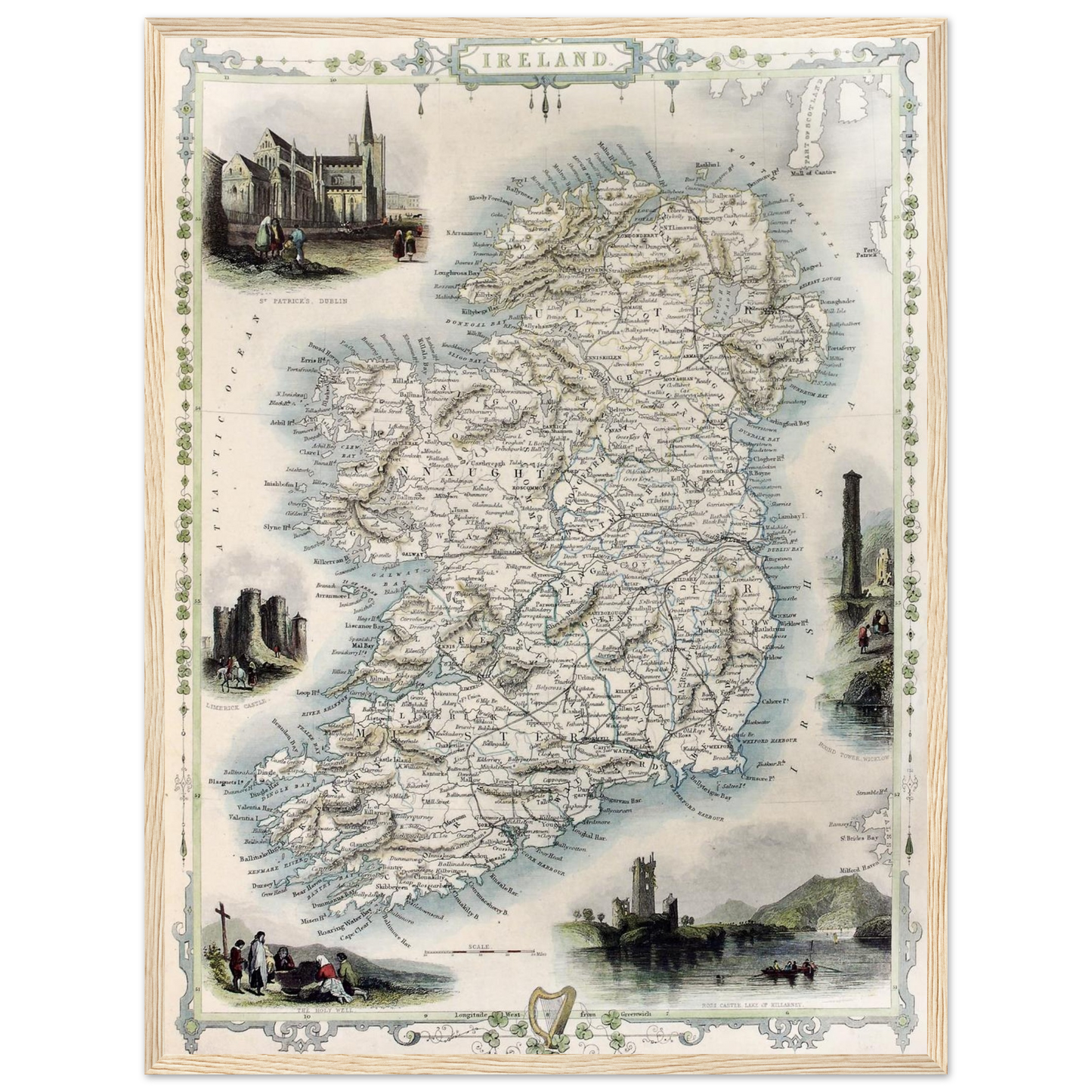 Historic Vintage Map of Ireland Print in Wooden Frame