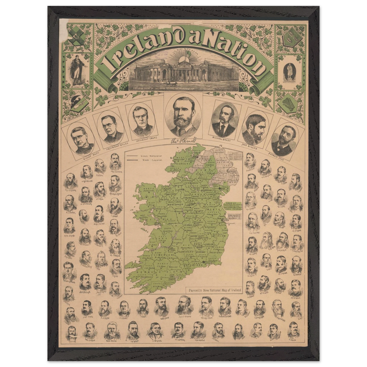 Framed reproduction of historic Ireland map in sustainable ash wood frame