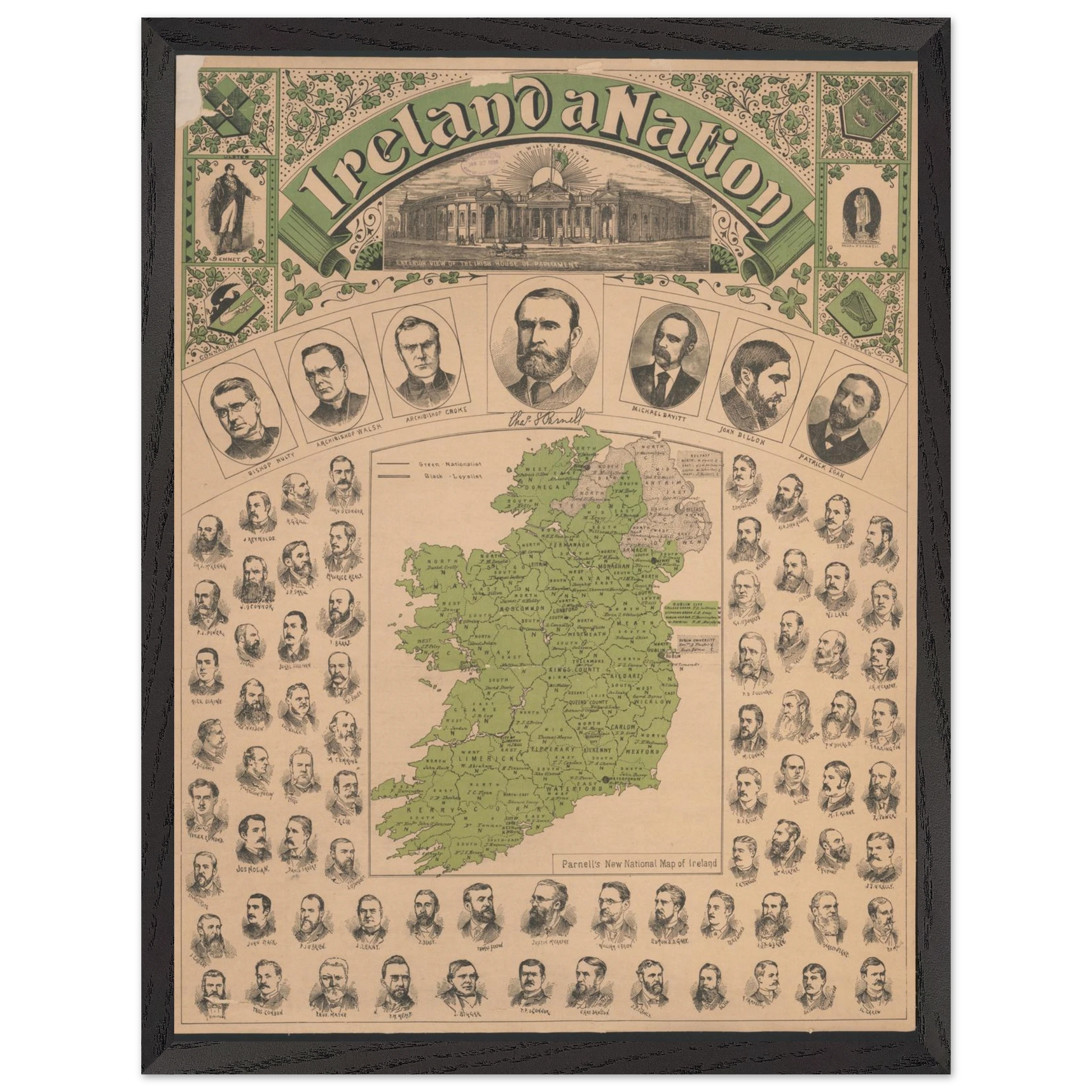 Framed reproduction of historic Ireland map in sustainable ash wood frame