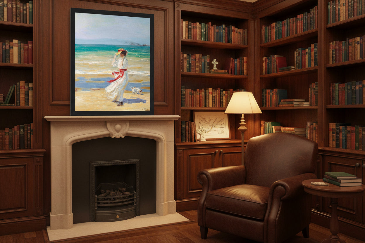 Traditional study with built-in bookshelves, leather chair, side table, soft lamp glow, black frame 40x50cm art print