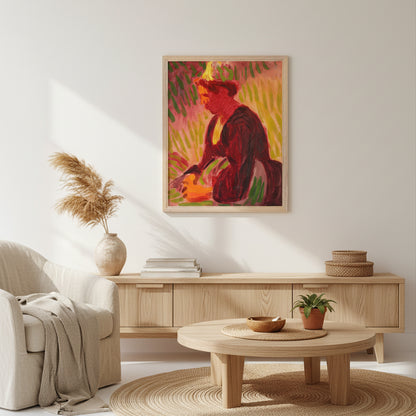 Peasant Woman Seated Outdoors by Roderic O'Conor art print in white hardwood frame, 40x50 cm. Framed in natural wood (oak/ash) displayed above a warm, organic-modern living room setting; cream walls, woven textures, light oak furniture, soft sunlight, earthy décor, calm Scandinavian aesthetic.
