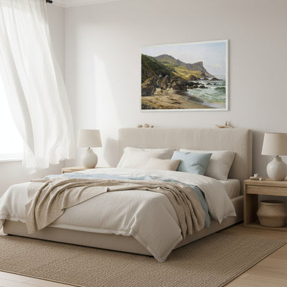 Large 60x90 cm Murlough Bay and Fair Head Irish landscape print in white frame, coastal statement artwork. Murlough Bay and Fair Head print in white frame above a linen-covered bed, soft muted bedding, sea-inspired palette, light curtains blowing, serene coastal bedroom styling