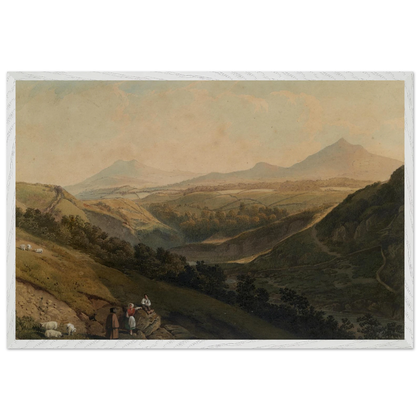 Large white framed landscape print of Wicklow’s Sugar Loaf Mountains displayed in a modern living room