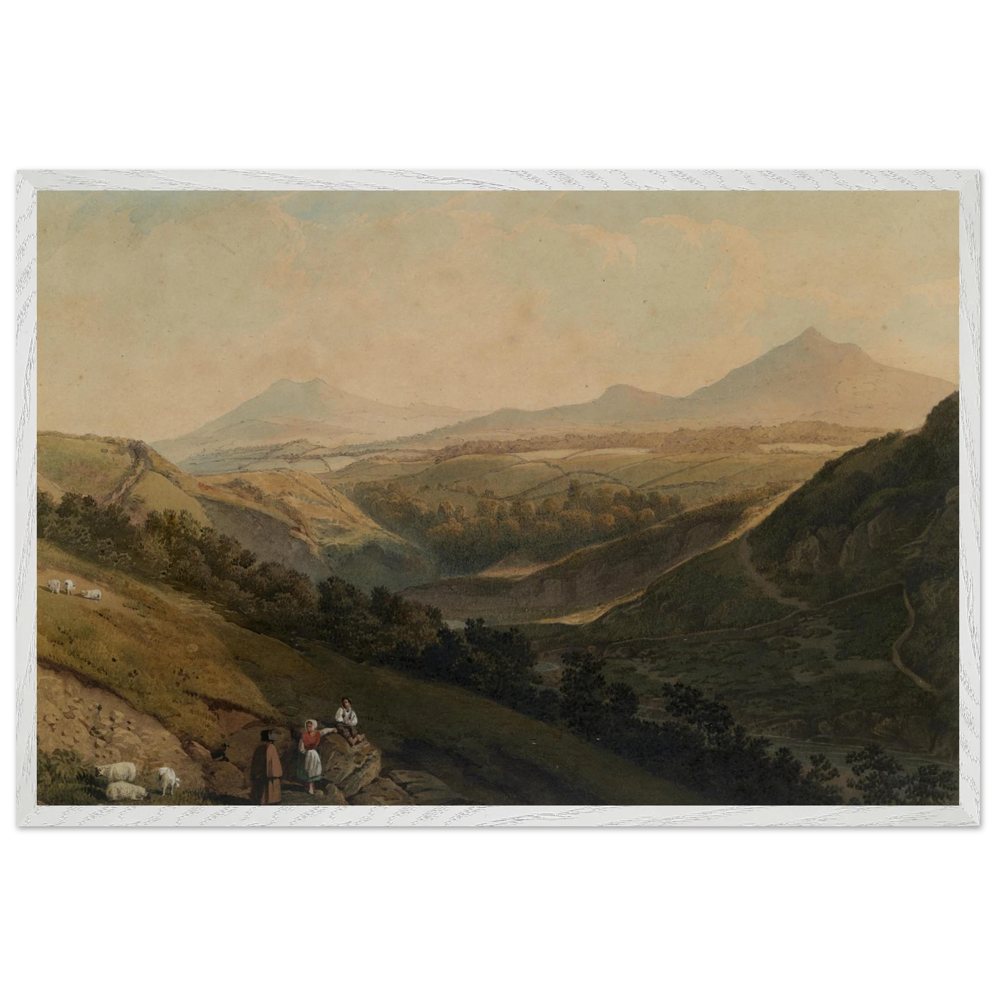 Large white framed landscape print of Wicklow’s Sugar Loaf Mountains displayed in a modern living room