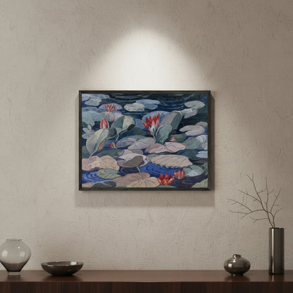 A Water-Lily Pond by Mainie Jellett - thin black framed print under a soft gallery spotlight