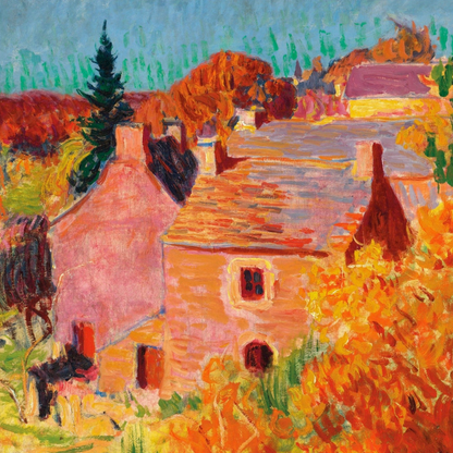 Maisons Rouges à Pont-Aven (c.1894–95) by Irish artist Roderic O’Conor, Post-Impressionist village landscape art print
