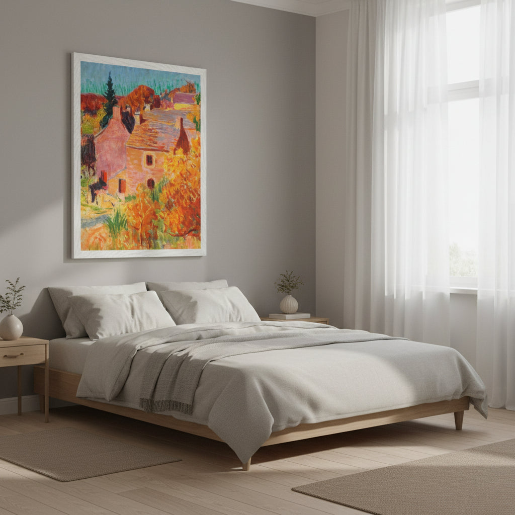 Framed art print of Maisons Rouges à Pont-Aven by Roderic O'Conor displayed in a contemporary interior