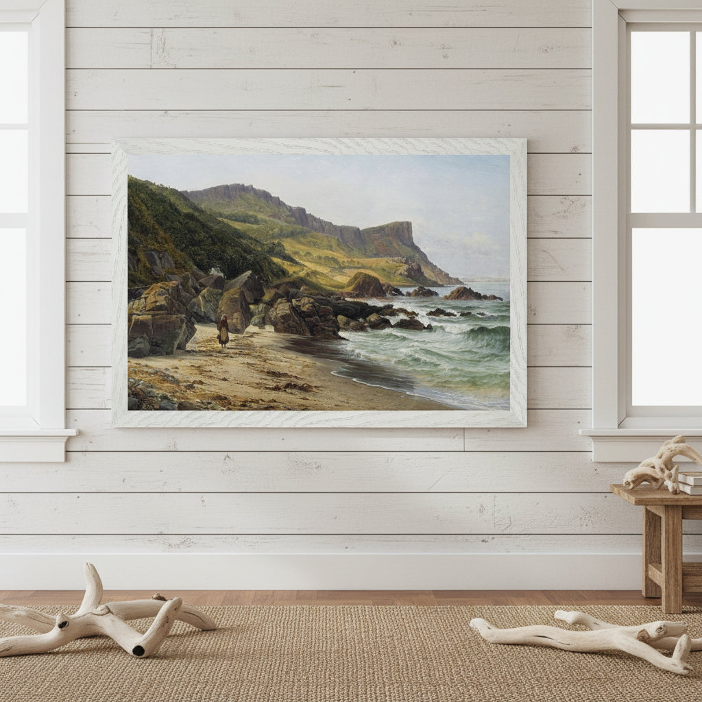 Murlough Bay and Fair Head, Coast of Antrim – Fine Art Print Whitewashed timber walls, textured jute rug, driftwood accents, framed seascape print as main focal point, natural light from coastal window.