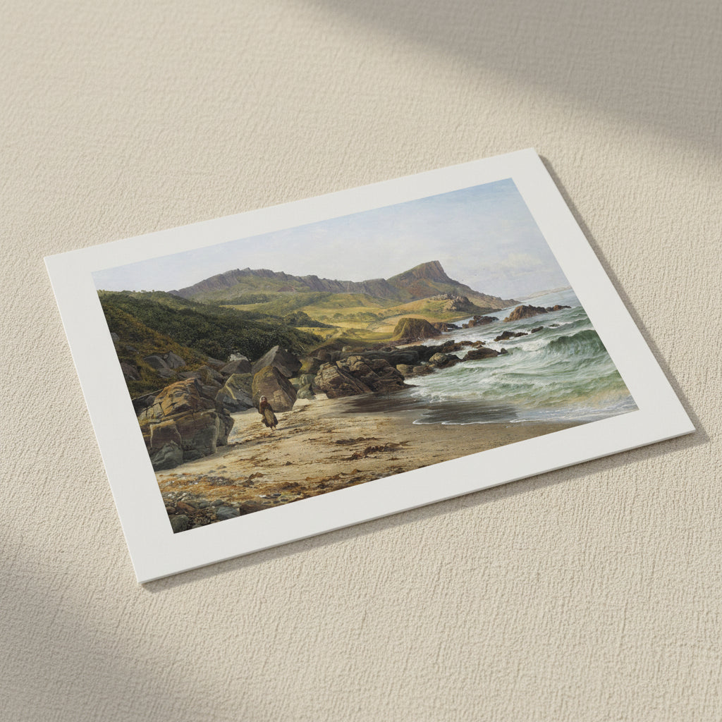 Murlough Bay & Fair Head – Irish Landscape Print. 30x45cm unframed archival print resting on light linen fabric. Soft natural daylight, gentle shadows, artisanal fine-art photography style.