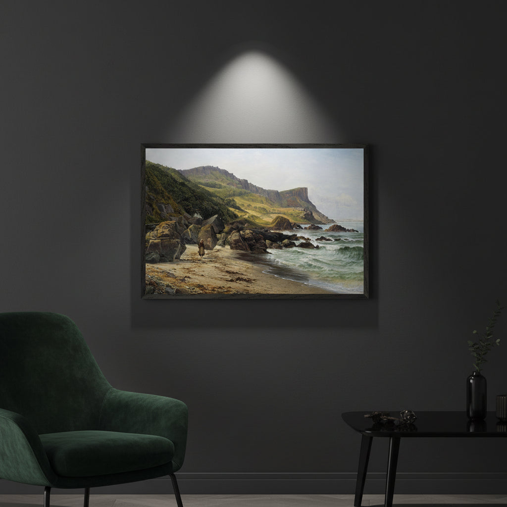 Murlough Bay & Fair Head – Irish Landscape Print, Dark charcoal wall, spotlight on the artwork, dramatic shadow falloff, black frame, luxury interior styling, rich textures like velvet and matte black metal. Buy Irish art