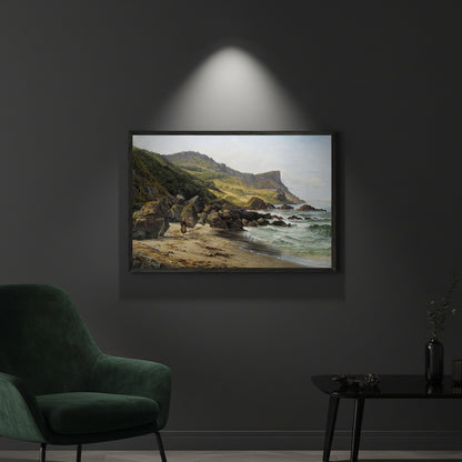 Murlough Bay & Fair Head – Irish Landscape Print, Dark charcoal wall, spotlight on the artwork, dramatic shadow falloff, black frame, luxury interior styling, rich textures like velvet and matte black metal. Buy Irish art