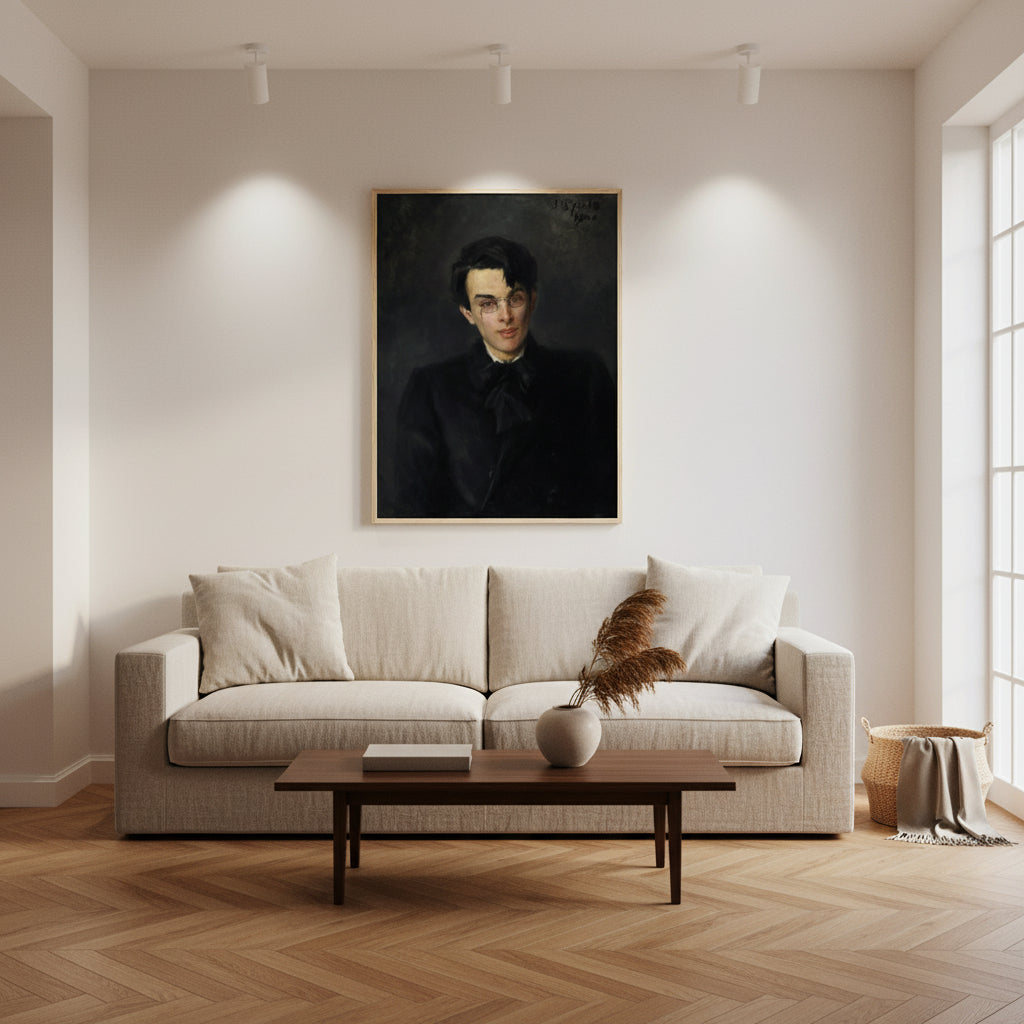 Modern living room with plaster walls and herringbone oak floor; natural wood frame Yeats print above linen sofa under discrete gallery spotlights.