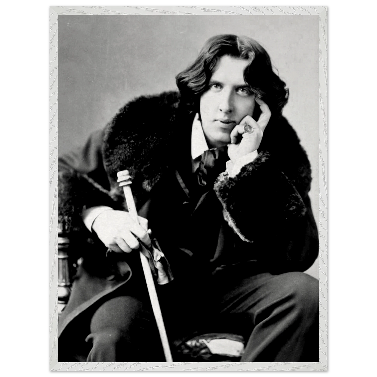 Detailed view of premium oak frame with shatterproof plexiglass protecting Oscar Wilde portrait