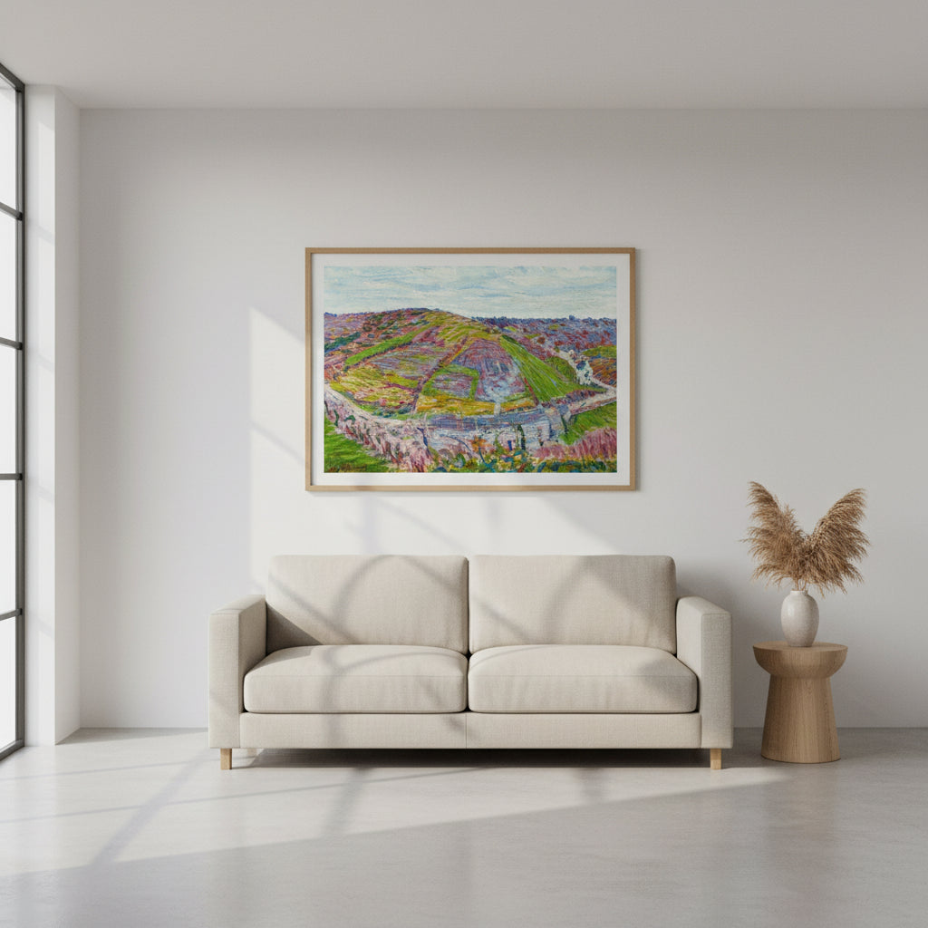 Paysage, Pont Aven (1892) by Roderic O'Conor, post-Impressionist Breton landscape in vivid purples and greens, archival art print. A bright, minimalist interior styled for contemporary home décor. Clean white or soft neutral wall, natural daylight entering from the side, creating gentle shadows. On the wall: a framed art print, shown in a slim modern gallery frame natural wood