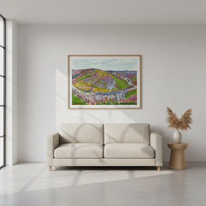 Paysage, Pont Aven (1892) by Roderic O'Conor, post-Impressionist Breton landscape in vivid purples and greens, archival art print. A bright, minimalist interior styled for contemporary home décor. Clean white or soft neutral wall, natural daylight entering from the side, creating gentle shadows. On the wall: a framed art print, shown in a slim modern gallery frame natural wood