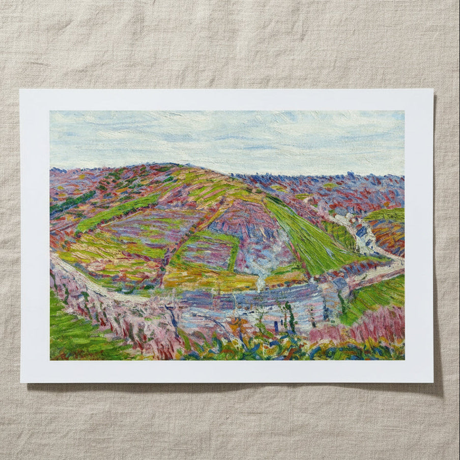 Paysage, Pont Aven by Roderic O'Conor Irish Art Print 40×50 cm unframed archival print resting on light linen fabric. Soft natural daylight, gentle shadows, artisanal fine-art photography style.