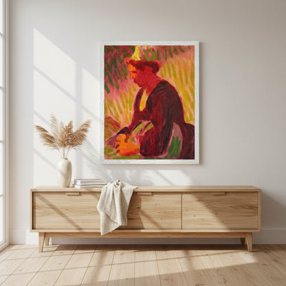 Peasant Woman Seated Outdoors by Roderic O'Conor Art Print in white hardwood frame with UV-protective glazing. Fine art print in a white hardwood gallery frame showcased above a bright, airy sideboard in a coastal-inspired or modern farmhouse interior. Soft natural light, subtle shadows, premium lifestyle styling.