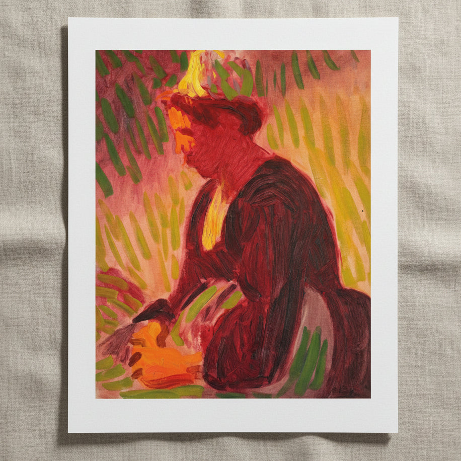 Peasant Woman Seated Outdoors – Roderic O'Conor unframed archival print resting on light linen fabric. Soft natural daylight, gentle shadows, artisanal fine-art photography style.