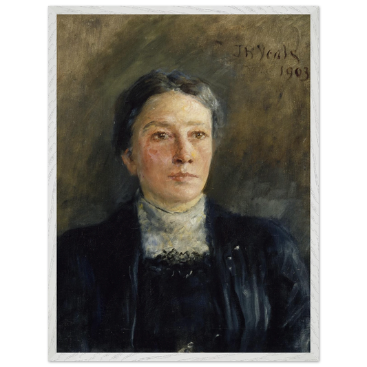 Front view of Portrait of Augusta Gregory by John Butler Yeats in white frame, ready to hang