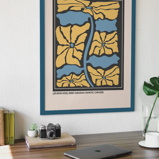 Framed Sláinte Irish cheers Irish Language Print in modern abstract style on clean interior wall.