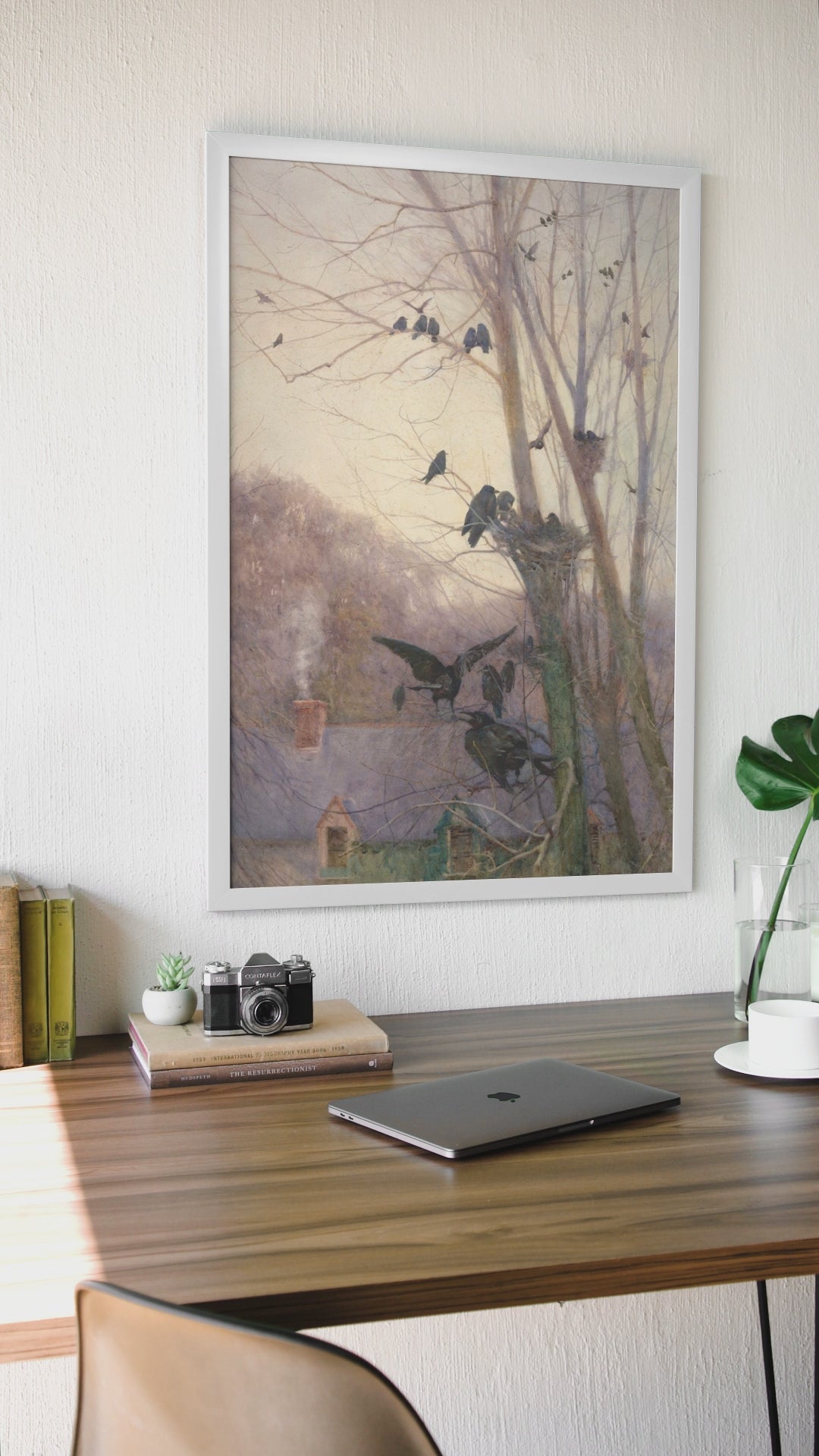Video of a white framed Irish art print hanging on a wall in an office Shades of Evening by Irish Artist Mildred Anne Butler 