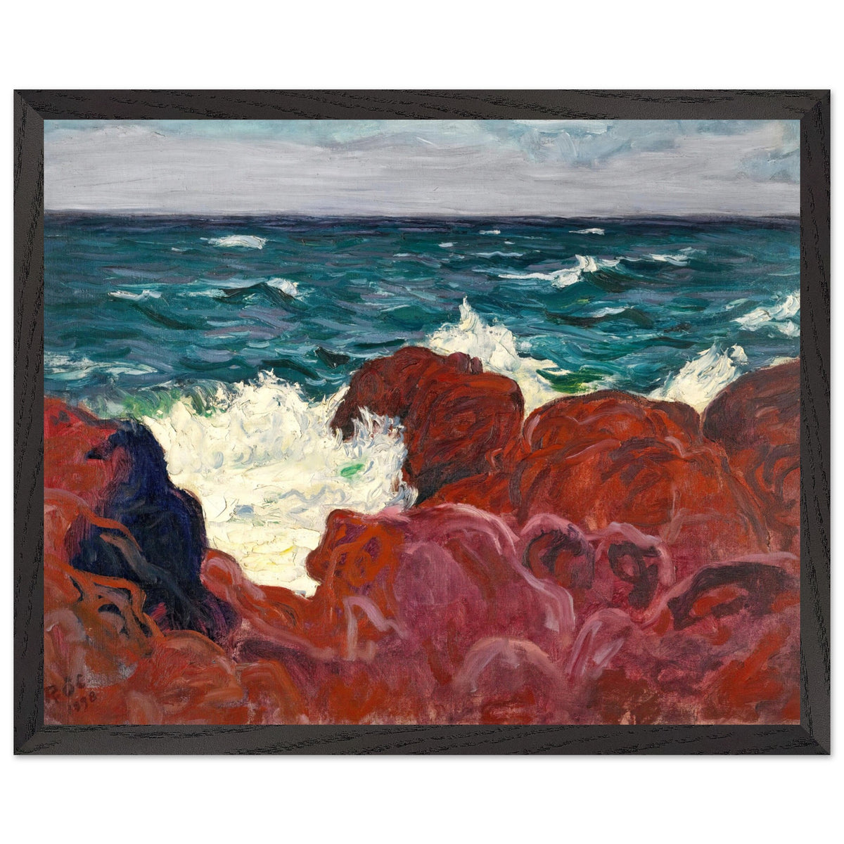 Red Rocks and Sea by Roderic O'Conor Irish Art Print, dark charcoal wall, spotlight on the artwork, dramatic shadow falloff, black frame, luxury interior styling, rich textures like velvet and matte black metal.
