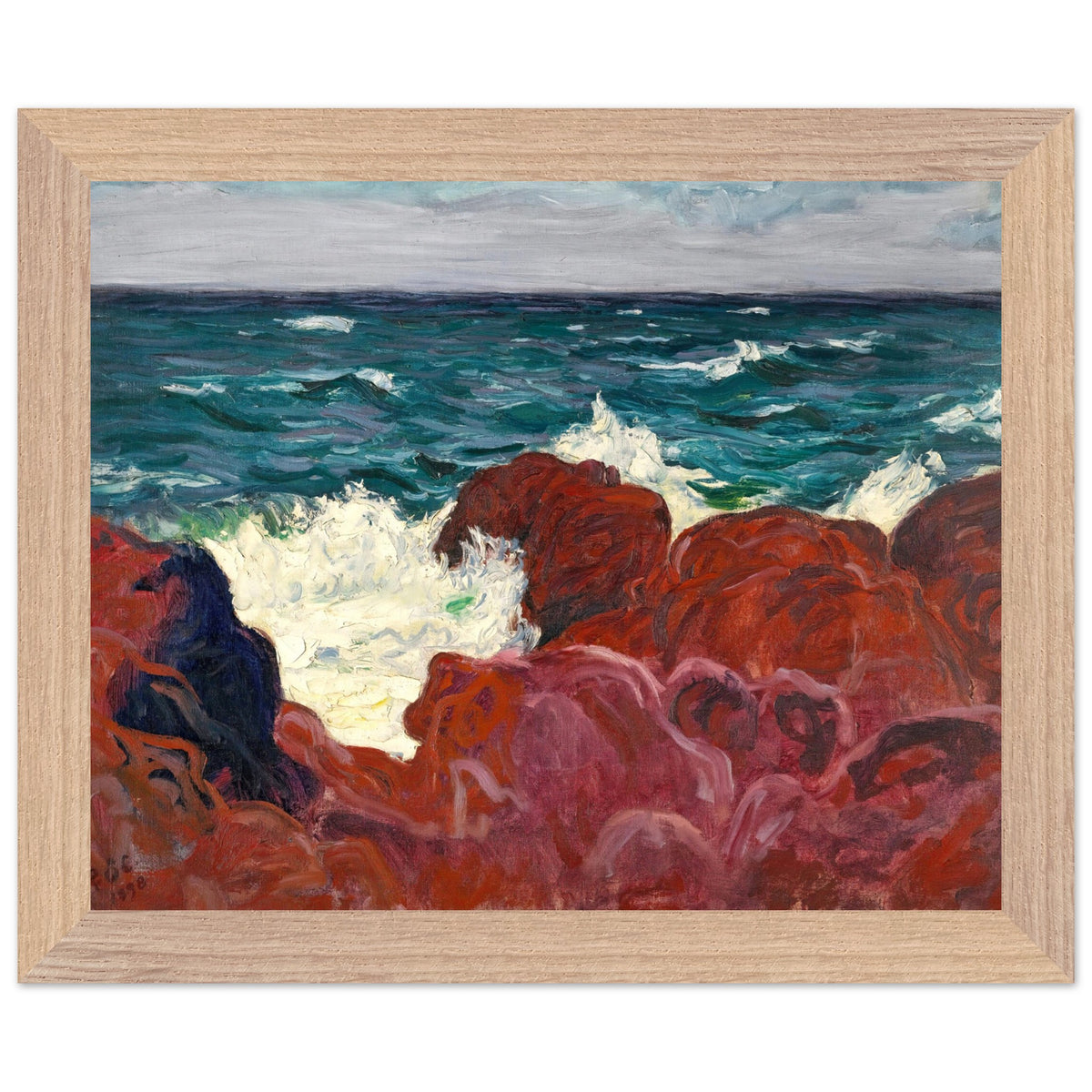 Red Rocks and Sea by Roderic O'Conor Art Print, warm cottage room with textured plaster walls, soft natural daylight, rustic wooden table, framed O'Conor print hung slightly off-centre, heritage styling.