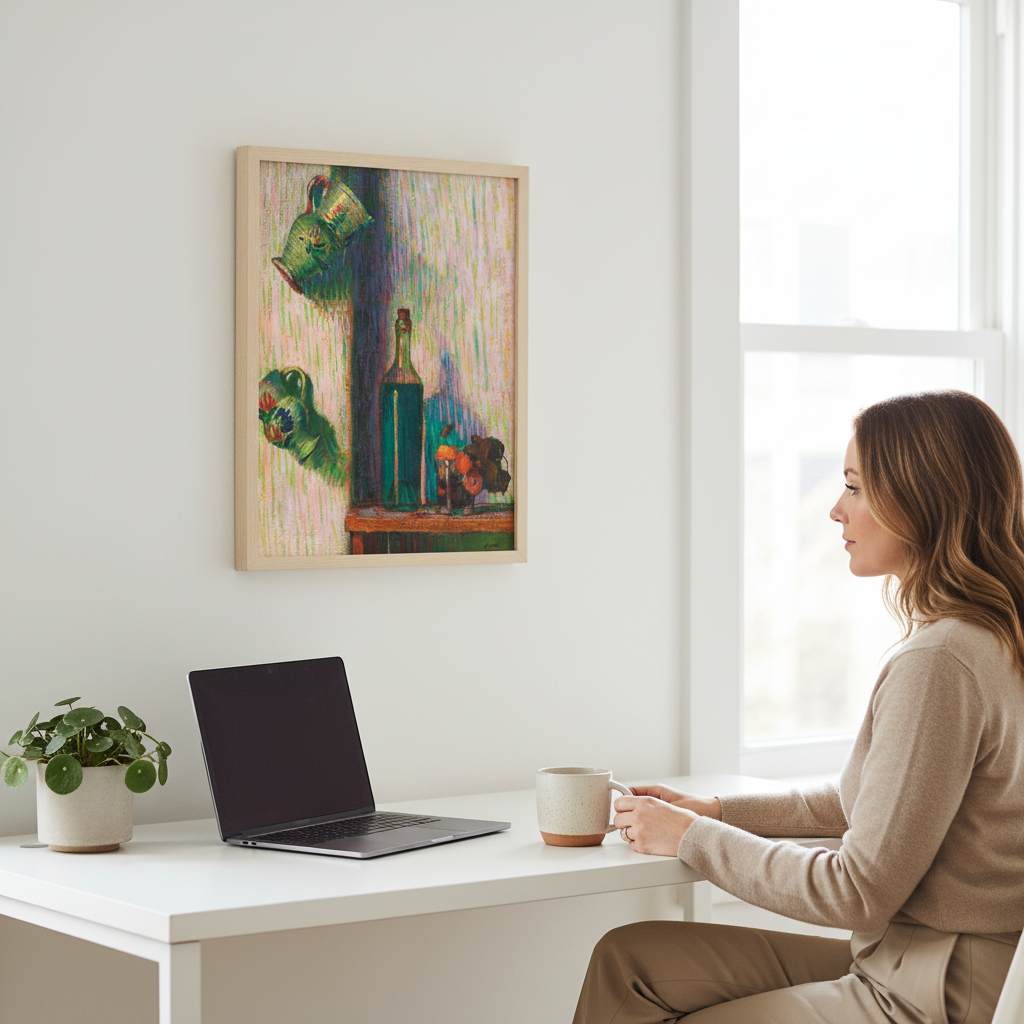 Roderic O'Conor Flowers Bottle and Two Jugs print, natural wood frame, premium Irish art print. A stylish home office for a creative professional; white desk, MacBook, ceramic mug, leafy plant, soft daylight. A vibrant modernist art print is displayed above the workspace for colour and inspiration. Clean, curated, lifestyle-focused aesthetic.