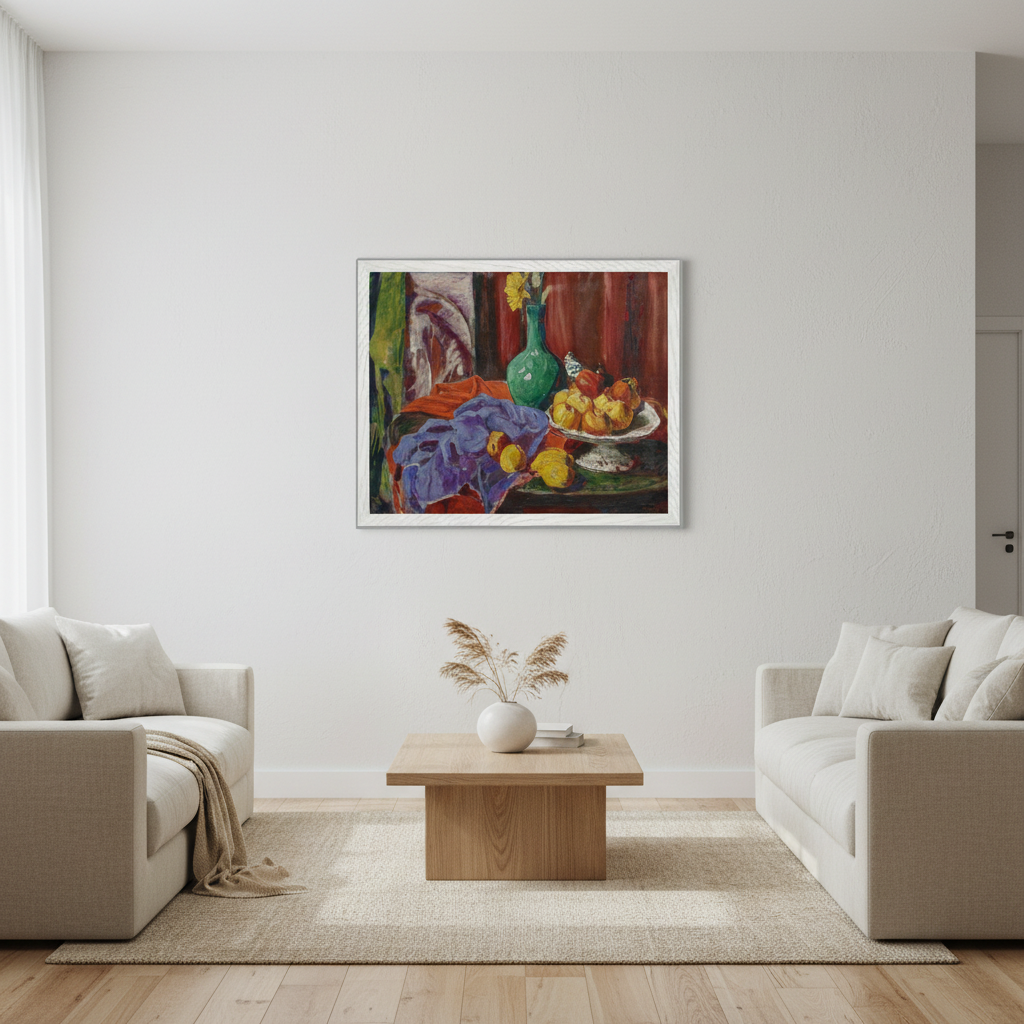 40x50 cm Roderic O'Conor Still Life of Fruit and Green Vase print in white FSC-certified wooden frame, premium archival display.