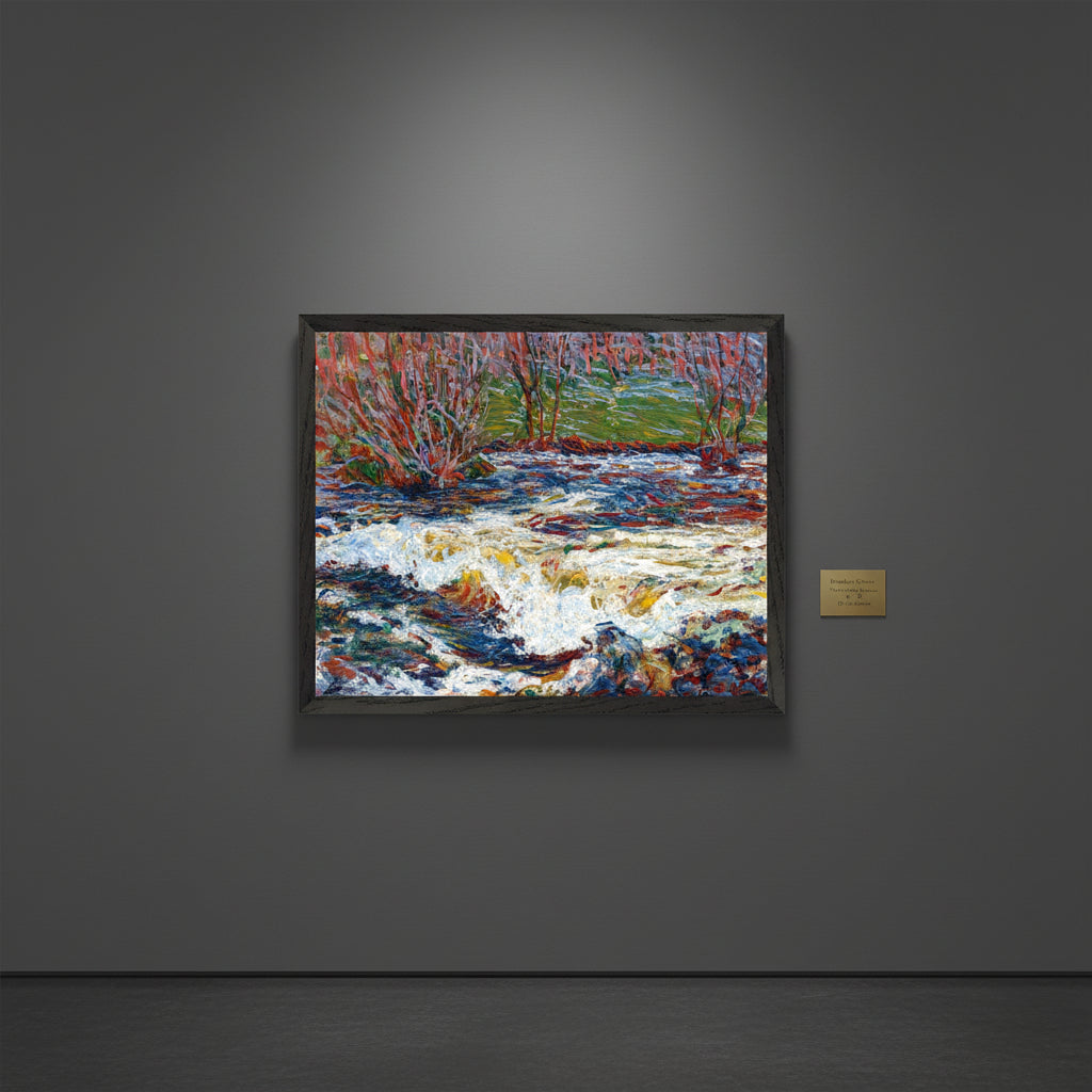 Roderic O’Conor The Rushing Stream in a black frame on a charcoal-grey gallery wall, subtle spotlighting, brass gallery plaque, quiet exhibition hall atmosphere, extremely realistic professional gallery photography.