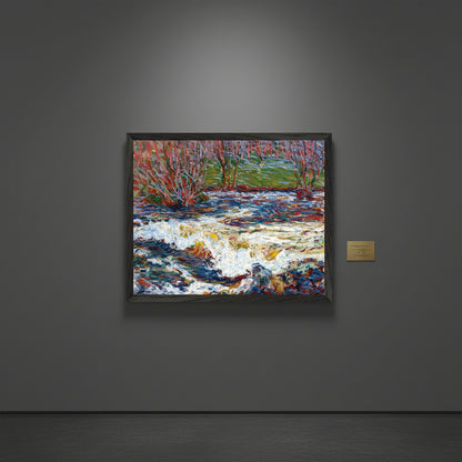 Roderic O’Conor The Rushing Stream in a black frame on a charcoal-grey gallery wall, subtle spotlighting, brass gallery plaque, quiet exhibition hall atmosphere, extremely realistic professional gallery photography.